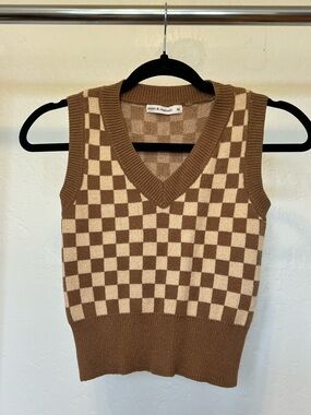 Brown & Cream Checkerboard V-Neck Sweater Vest
